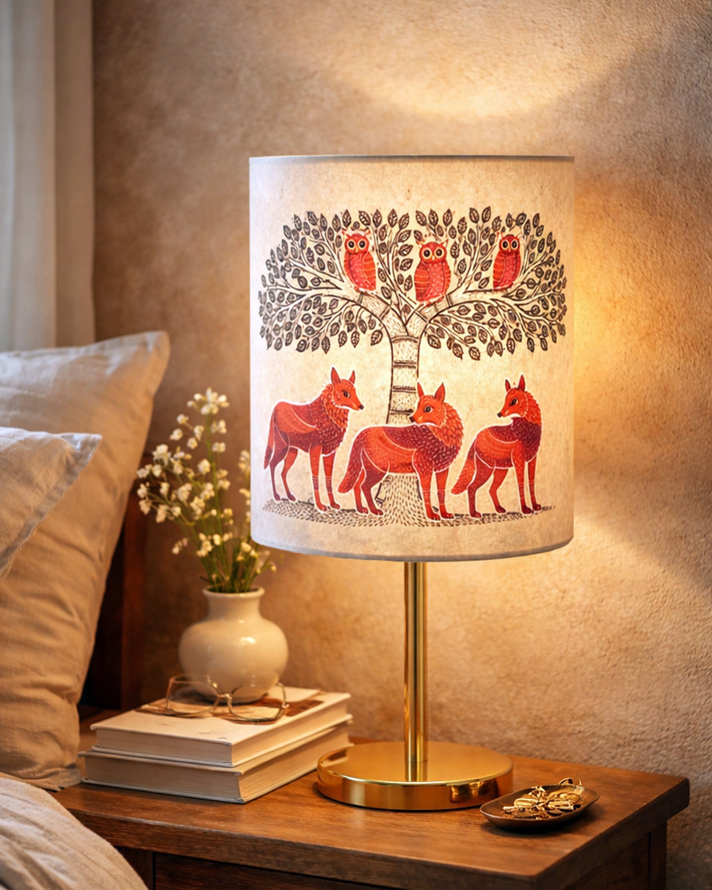 Luxe Flat Gold Table Lamp with Linen Fabric Drum Shade, Modern Decorative Bedside Lamp for Bedroom & Study Table, Living Room & Side Table, Cylinde Shade