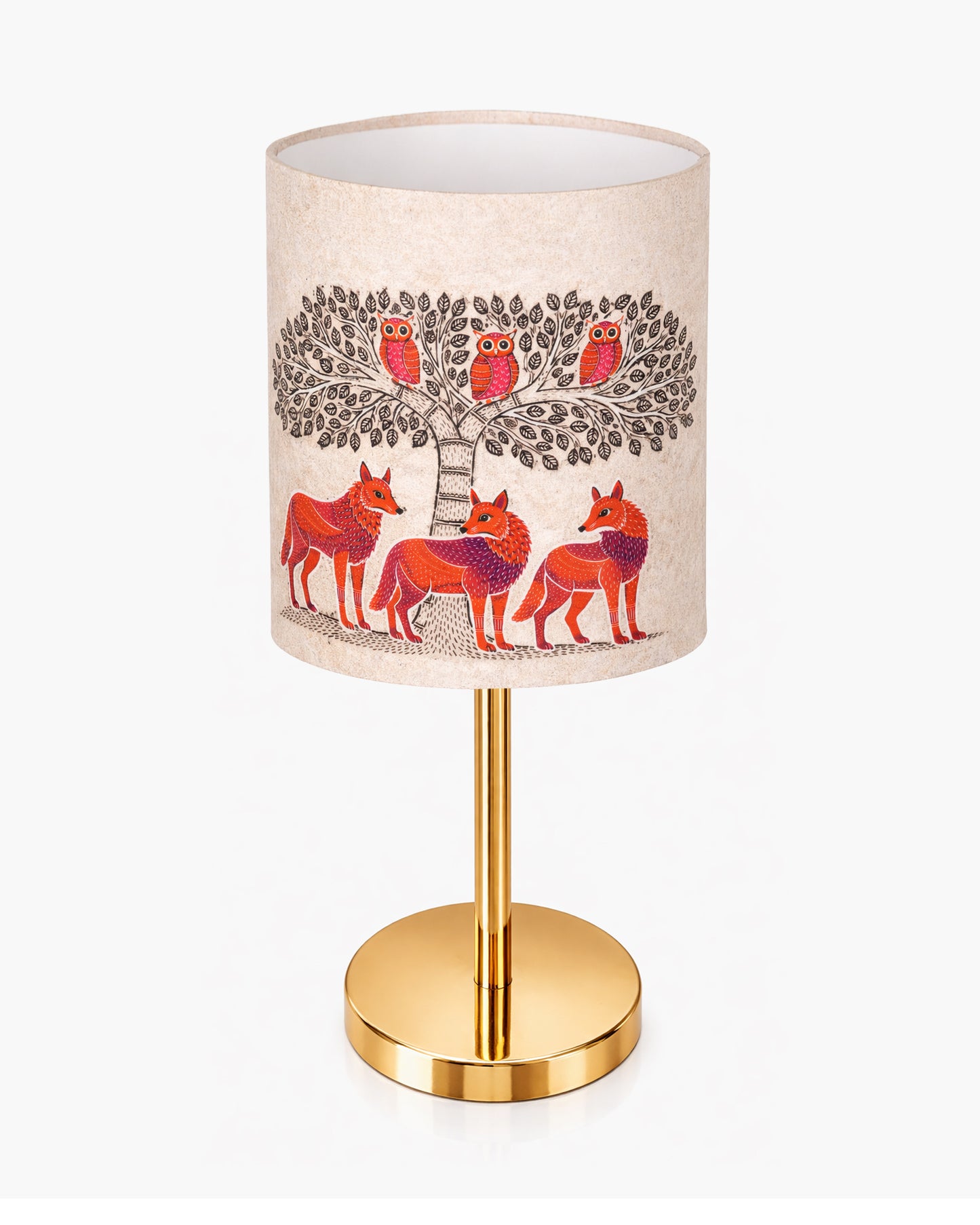Luxe Flat Gold Table Lamp with Linen Fabric Drum Shade, Modern Decorative Bedside Lamp for Bedroom & Study Table, Living Room & Side Table, Cylinde Shade