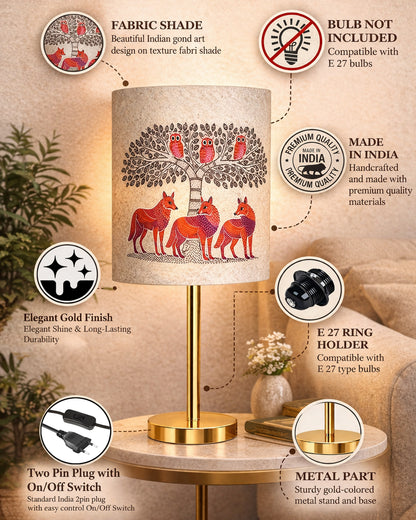 Luxe Flat Gold Table Lamp with Linen Fabric Drum Shade, Modern Decorative Bedside Lamp for Bedroom & Study Table, Living Room & Side Table, Cylinde Shade