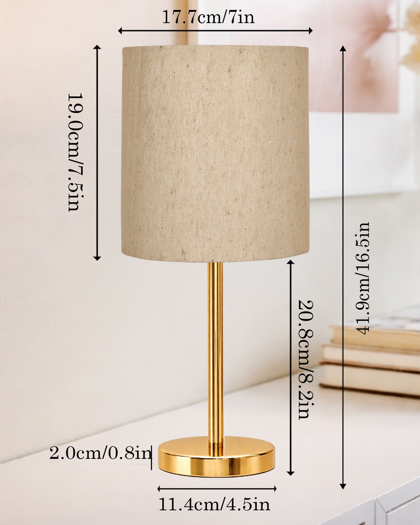 Luxe Flat Gold Table Lamp with Linen Fabric Drum Shade, Modern Decorative Bedside Lamp for Bedroom & Study Table, Living Room & Side Table, Cylinde Shade