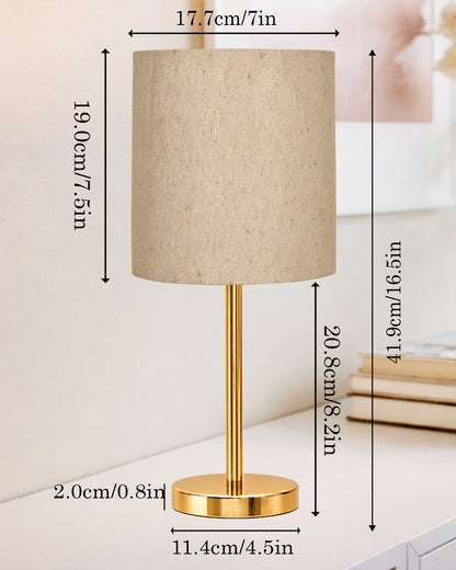 Luxe Flat Gold Table Lamp with Linen Fabric Drum Shade, Modern Decorative Bedside Lamp for Bedroom & Study Table, Living Room & Side Table, Cylinde Shade