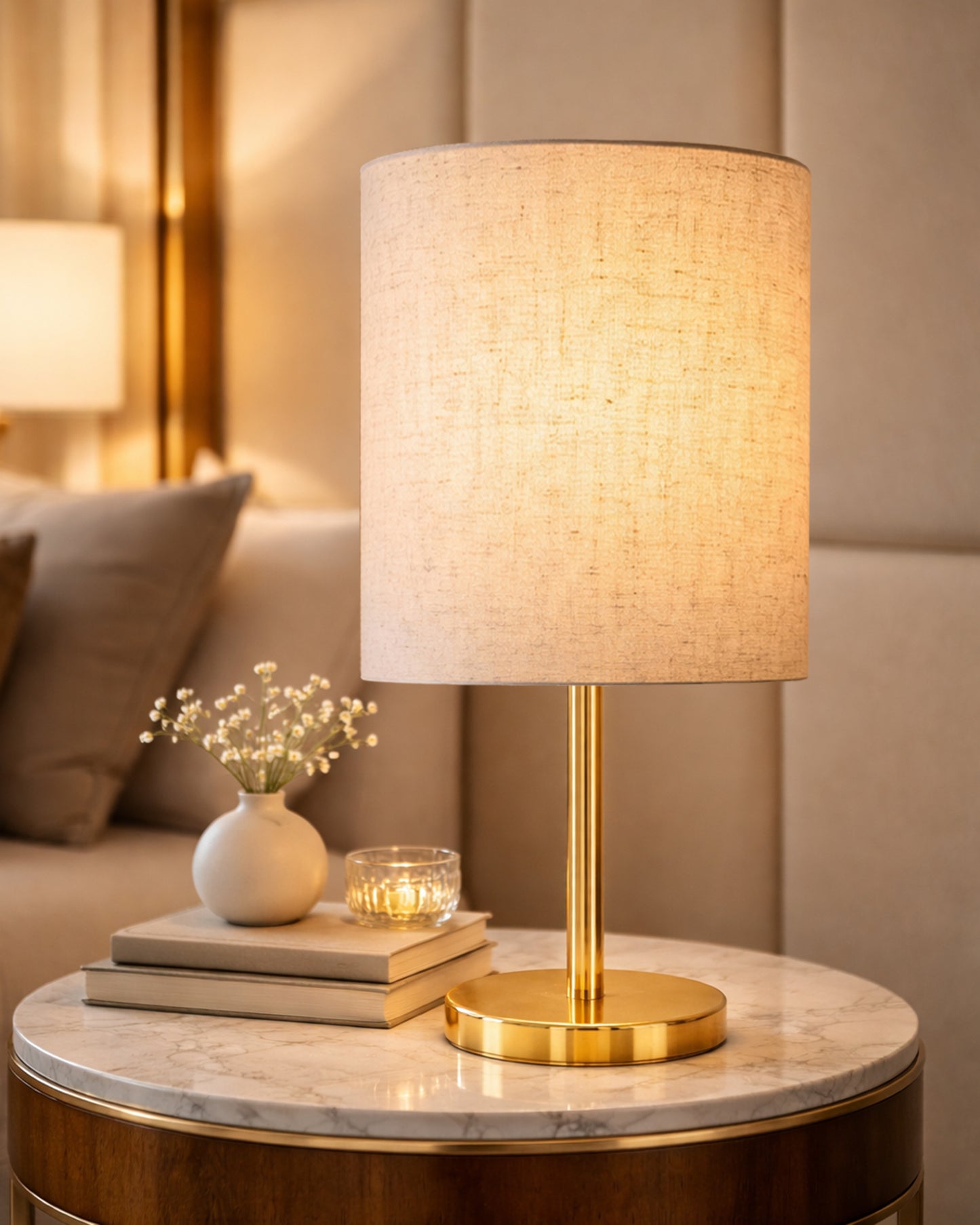 Luxe Flat Gold Table Lamp with Linen Fabric Drum Shade, Modern Decorative Bedside Lamp for Bedroom & Study Table, Living Room & Side Table, Cylinde Shade