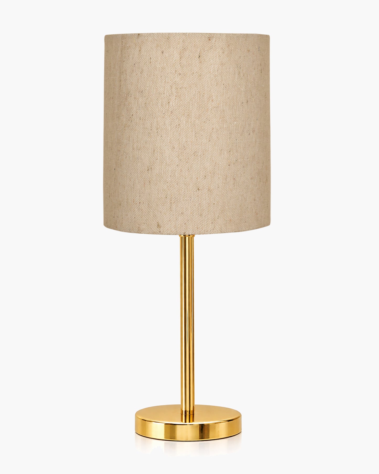 Luxe Flat Gold Table Lamp with Linen Fabric Drum Shade, Modern Decorative Bedside Lamp for Bedroom & Study Table, Living Room & Side Table, Cylinde Shade