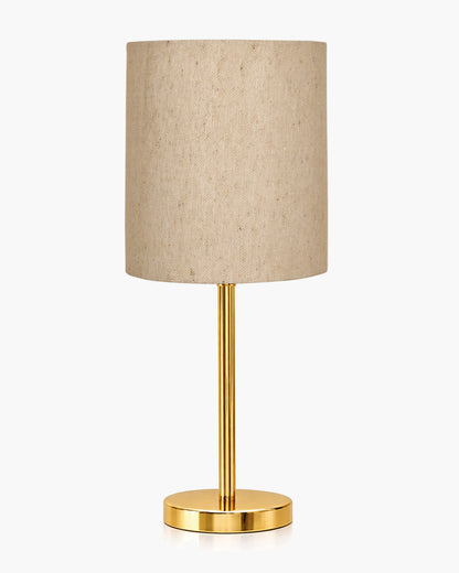 Luxe Flat Gold Table Lamp with Linen Fabric Drum Shade, Modern Decorative Bedside Lamp for Bedroom & Study Table, Living Room & Side Table, Cylinde Shade