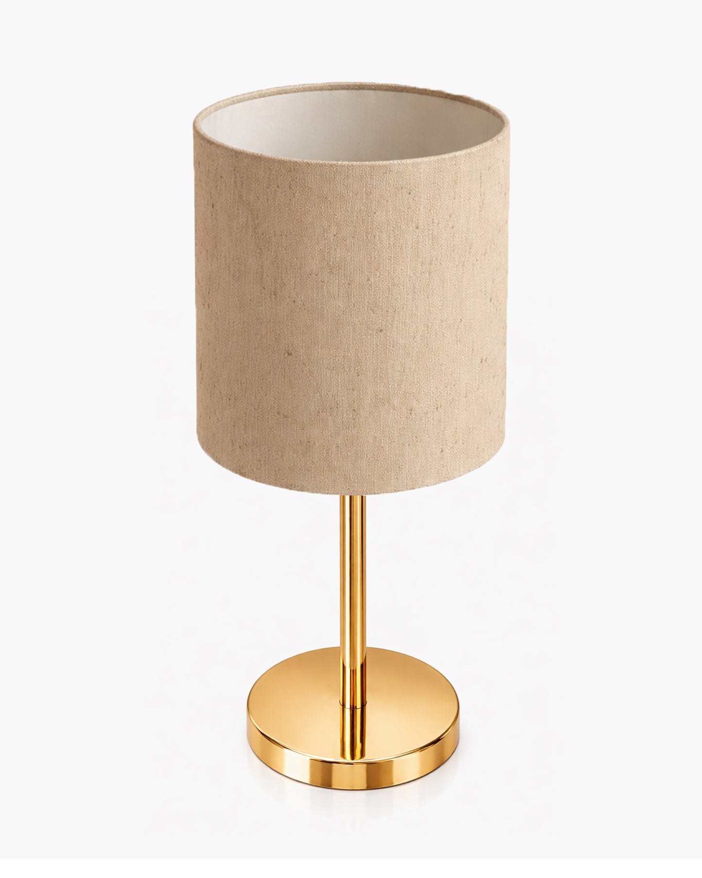 Luxe Flat Gold Table Lamp with Linen Fabric Drum Shade, Modern Decorative Bedside Lamp for Bedroom & Study Table, Living Room & Side Table, Cylinde Shade