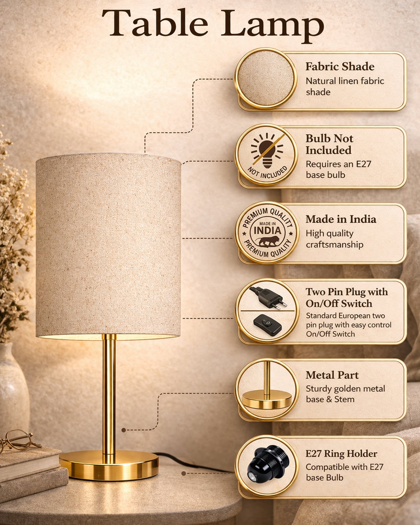 Luxe Flat Gold Table Lamp with Linen Fabric Drum Shade, Modern Decorative Bedside Lamp for Bedroom & Study Table, Living Room & Side Table, Cylinde Shade
