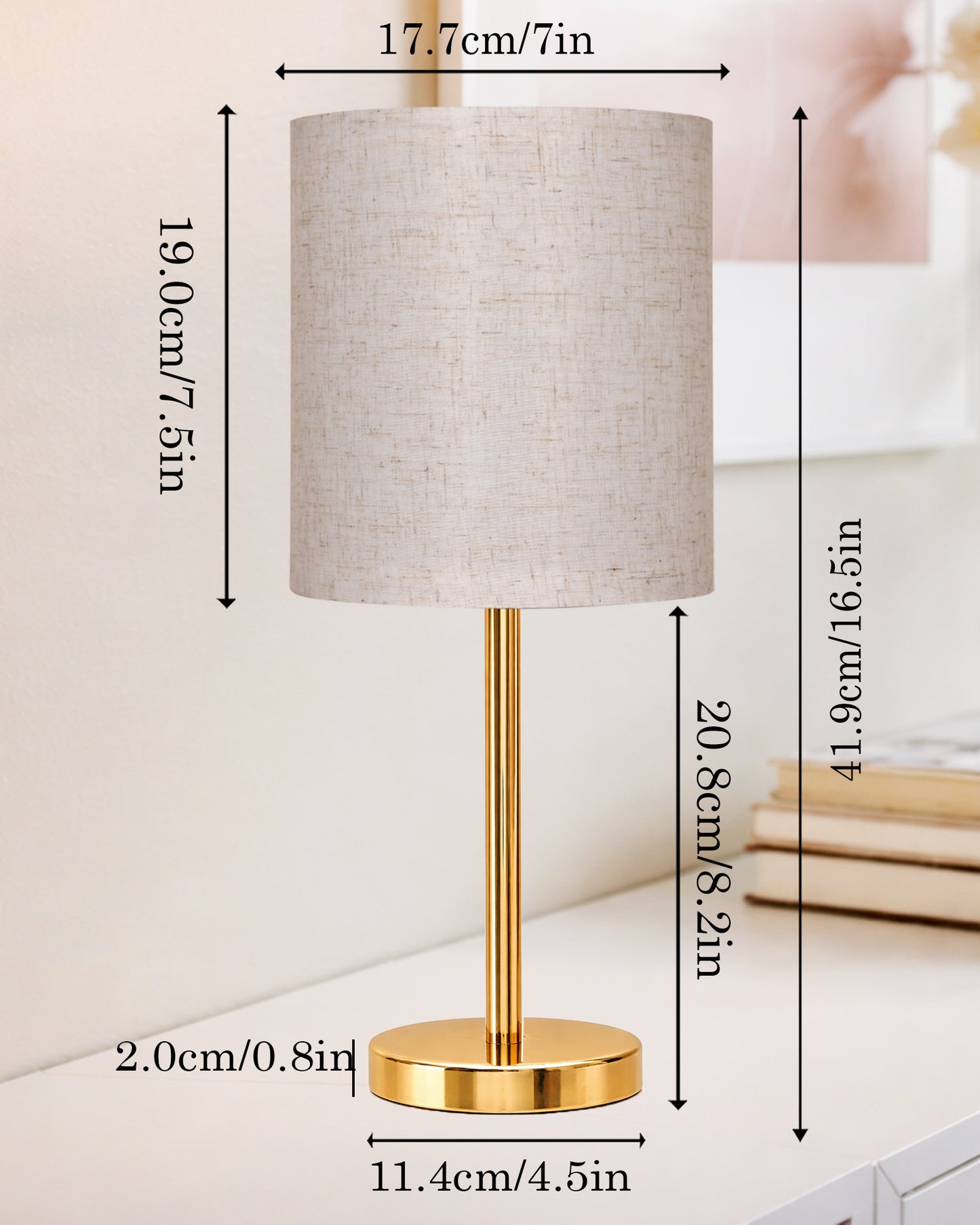 Luxe Flat Gold Table Lamp with Linen Fabric Drum Shade, Modern Decorative Bedside Lamp for Bedroom & Study Table, Living Room & Side Table, Cylinde Shade