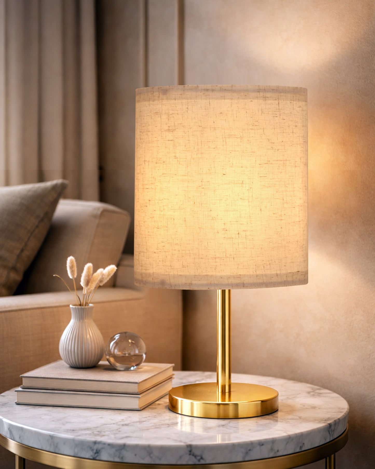 Luxe Flat Gold Table Lamp with Linen Fabric Drum Shade, Modern Decorative Bedside Lamp for Bedroom & Study Table, Living Room & Side Table, Cylinde Shade