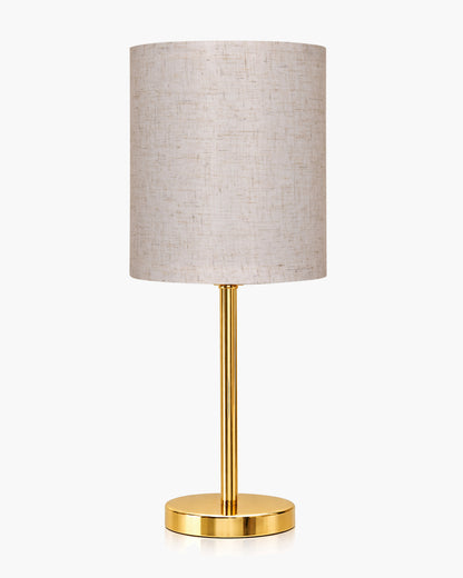 Luxe Flat Gold Table Lamp with Linen Fabric Drum Shade, Modern Decorative Bedside Lamp for Bedroom & Study Table, Living Room & Side Table, Cylinde Shade
