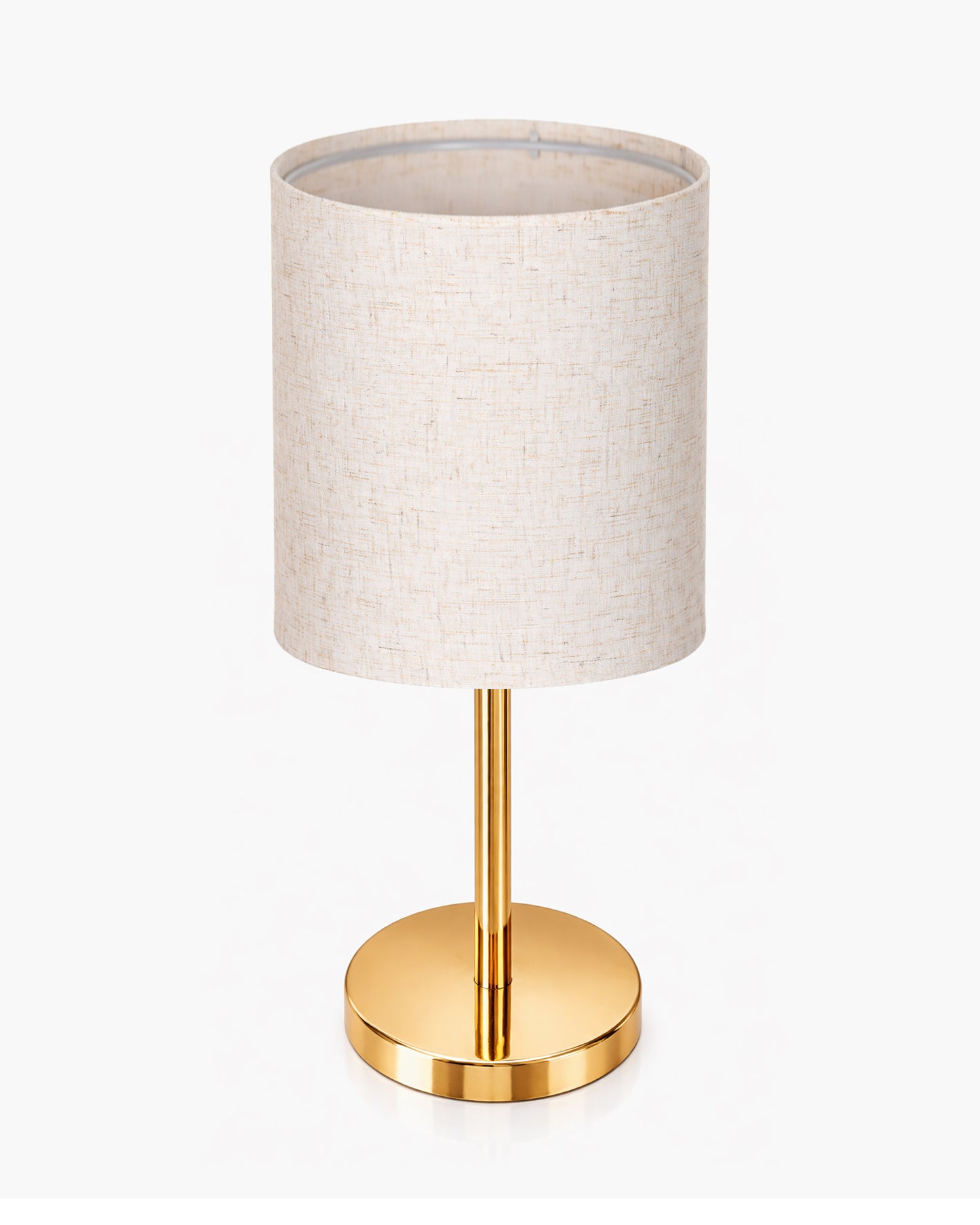 Luxe Flat Gold Table Lamp with Linen Fabric Drum Shade, Modern Decorative Bedside Lamp for Bedroom & Study Table, Living Room & Side Table, Cylinde Shade