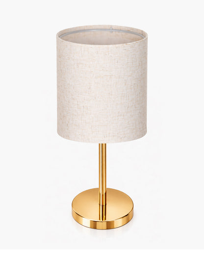 Luxe Flat Gold Table Lamp with Linen Fabric Drum Shade, Modern Decorative Bedside Lamp for Bedroom & Study Table, Living Room & Side Table, Cylinde Shade