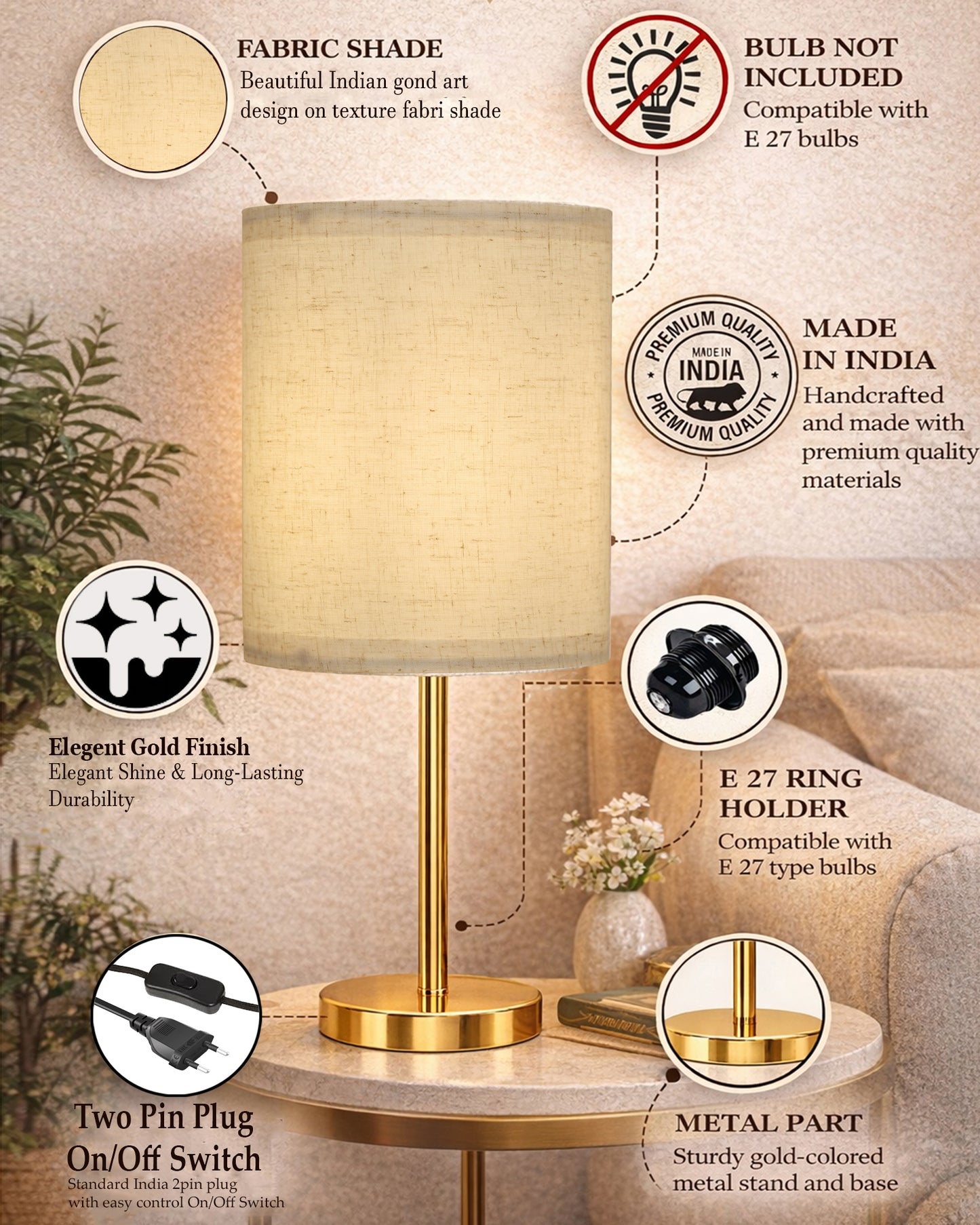 Luxe Flat Gold Table Lamp with Linen Fabric Drum Shade, Modern Decorative Bedside Lamp for Bedroom & Study Table, Living Room & Side Table, Cylinde Shade