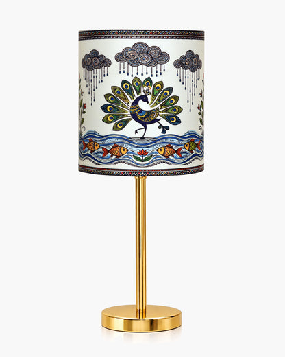 Luxe Flat Gold Table Lamp with Linen Fabric Drum Shade, Modern Decorative Bedside Lamp for Bedroom & Study Table, Living Room & Side Table, Cylinde Shade