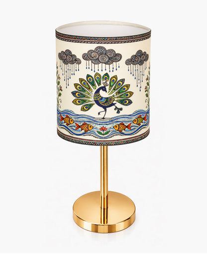 Luxe Flat Gold Table Lamp with Linen Fabric Drum Shade, Modern Decorative Bedside Lamp for Bedroom & Study Table, Living Room & Side Table, Cylinde Shade