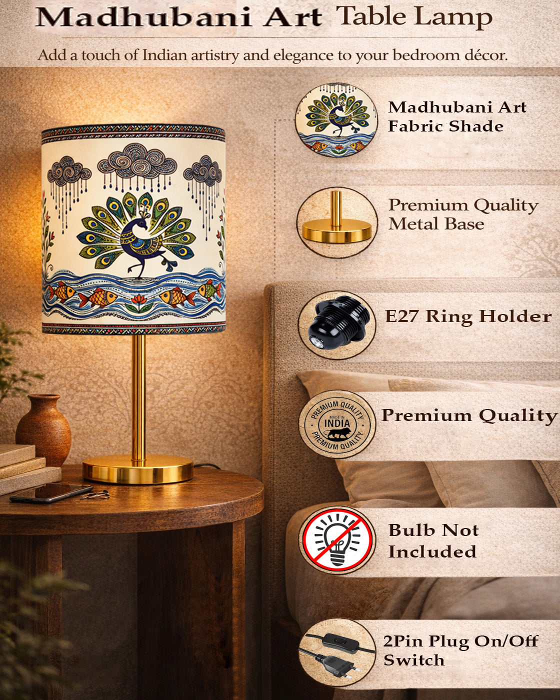 Luxe Flat Gold Table Lamp with Linen Fabric Drum Shade, Modern Decorative Bedside Lamp for Bedroom & Study Table, Living Room & Side Table, Cylinde Shade