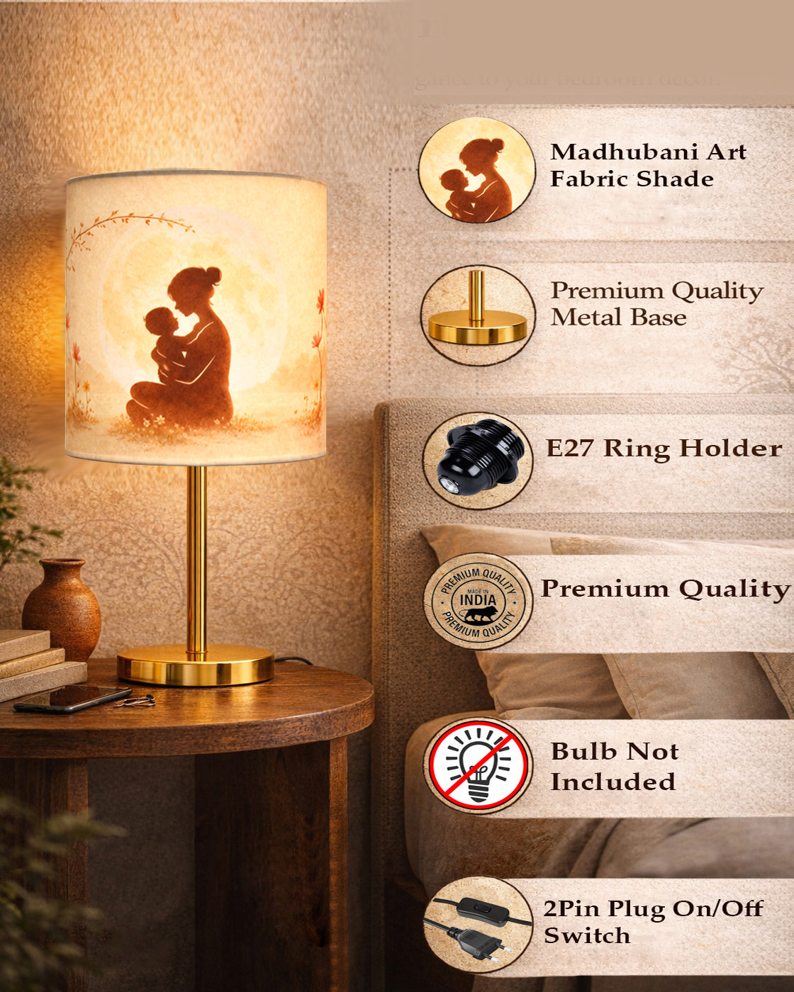 Luxe Flat Gold Table Lamp with Linen Fabric Drum Shade, Modern Decorative Bedside Lamp for Bedroom & Study Table, Living Room & Side Table, Cylinde Shade