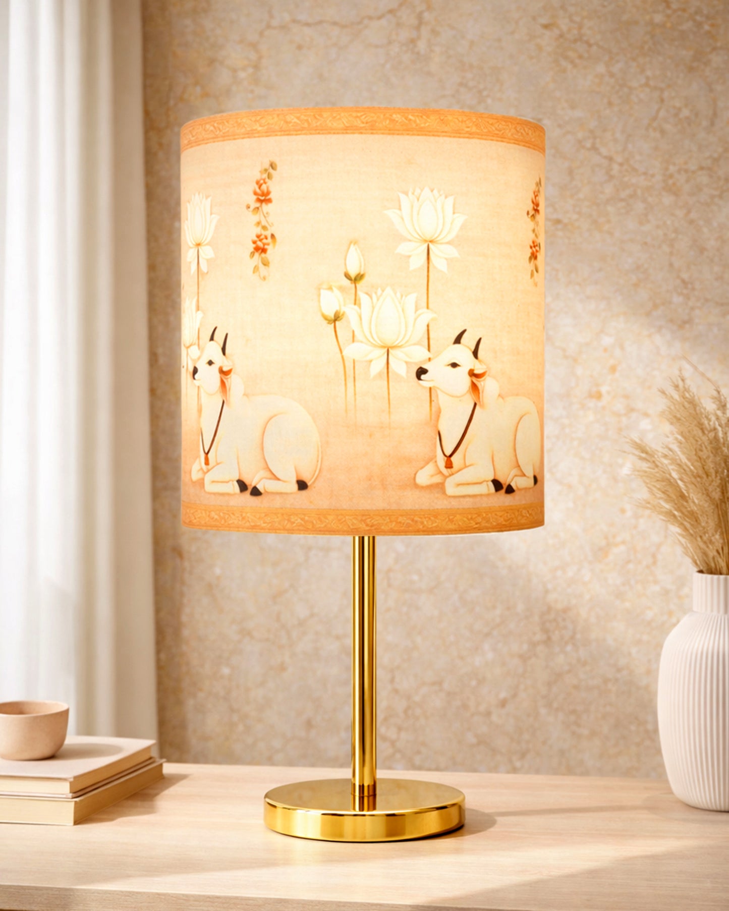 Luxe Flat Gold Table Lamp with Linen Fabric Drum Shade, Modern Decorative Bedside Lamp for Bedroom & Study Table, Living Room & Side Table, Cylinde Shade