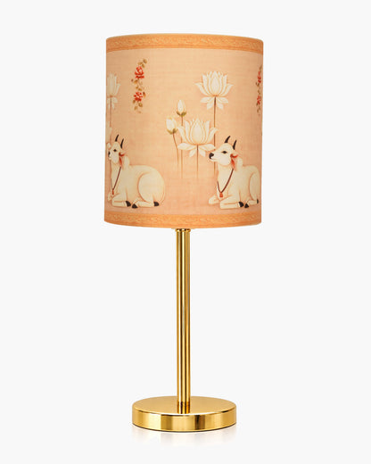 Luxe Flat Gold Table Lamp with Linen Fabric Drum Shade, Modern Decorative Bedside Lamp for Bedroom & Study Table, Living Room & Side Table, Cylinde Shade