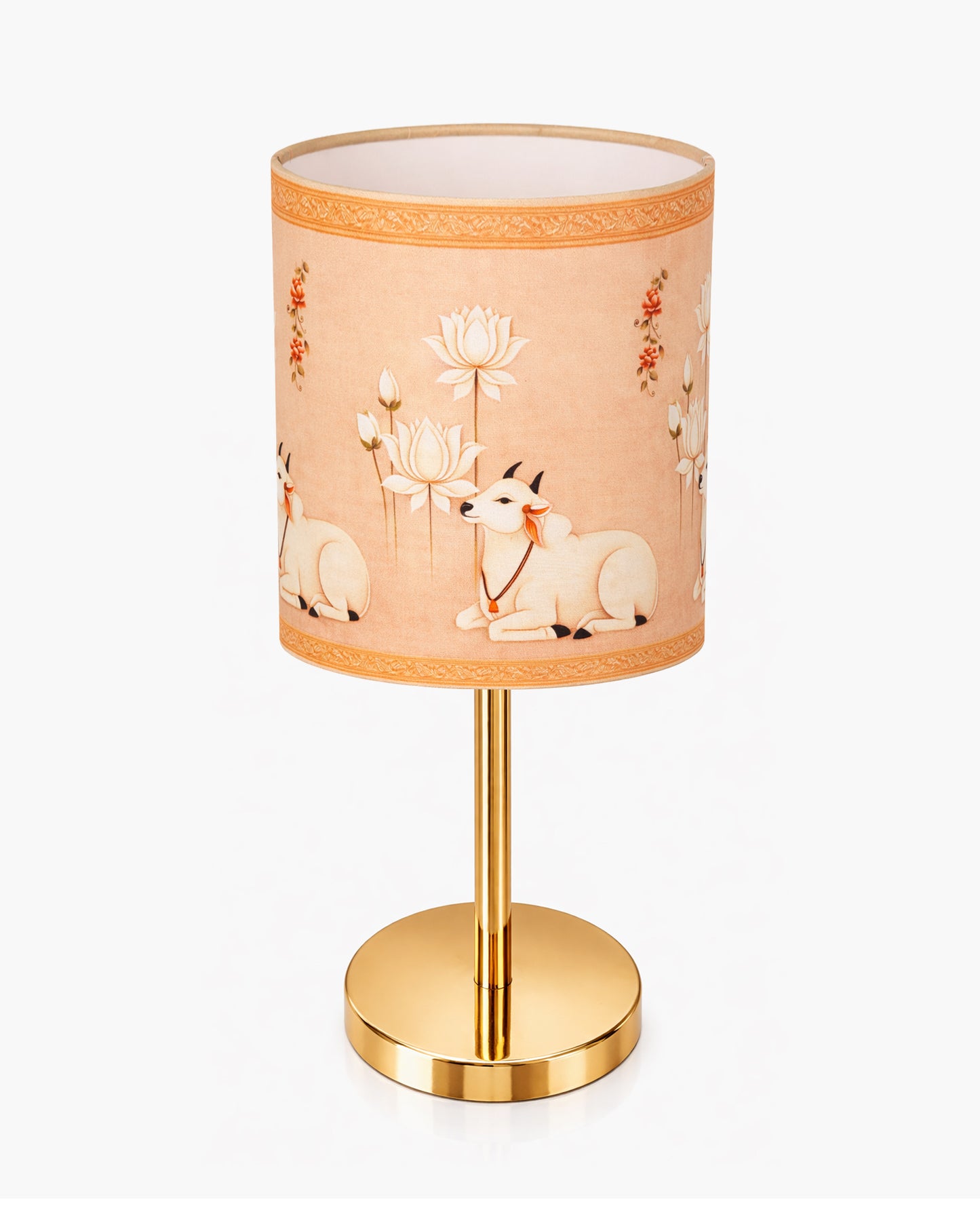 Luxe Flat Gold Table Lamp with Linen Fabric Drum Shade, Modern Decorative Bedside Lamp for Bedroom & Study Table, Living Room & Side Table, Cylinde Shade