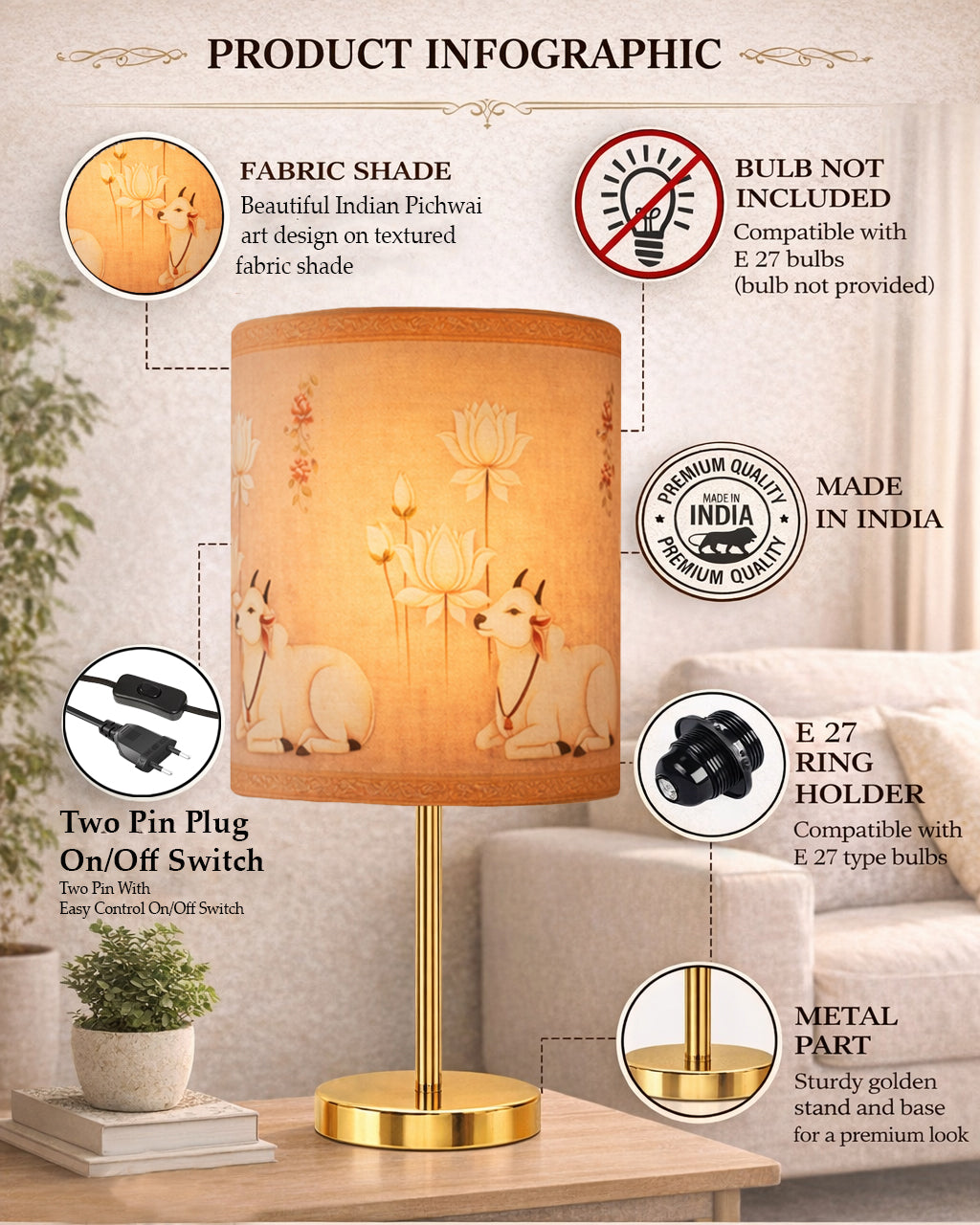 Luxe Flat Gold Table Lamp with Linen Fabric Drum Shade, Modern Decorative Bedside Lamp for Bedroom & Study Table, Living Room & Side Table, Cylinde Shade