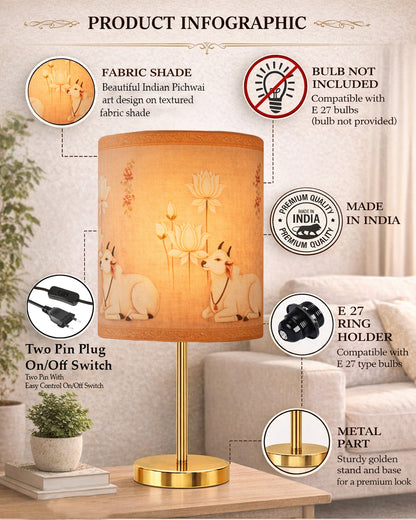 Luxe Flat Gold Table Lamp with Linen Fabric Drum Shade, Modern Decorative Bedside Lamp for Bedroom & Study Table, Living Room & Side Table, Cylinde Shade