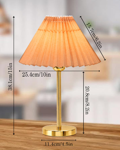 Luxe Flat Gold Table Lamp with Linen Fabric Drum Shade, Modern Decorative Bedside Lamp for Bedroom & Study Table, Living Room & Side Table, Pleated Shade