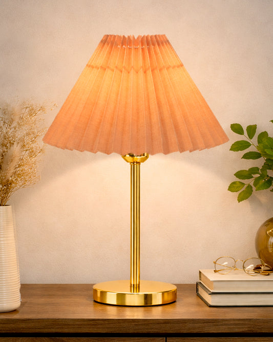 Luxe Flat Gold Table Lamp with Linen Fabric Drum Shade, Modern Decorative Bedside Lamp for Bedroom & Study Table, Living Room & Side Table, Pleated Shade