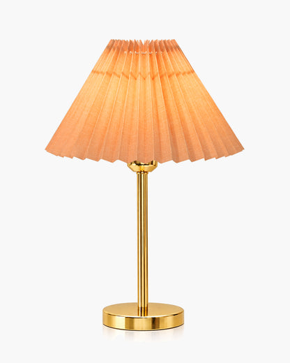 Luxe Flat Gold Table Lamp with Linen Fabric Drum Shade, Modern Decorative Bedside Lamp for Bedroom & Study Table, Living Room & Side Table, Pleated Shade