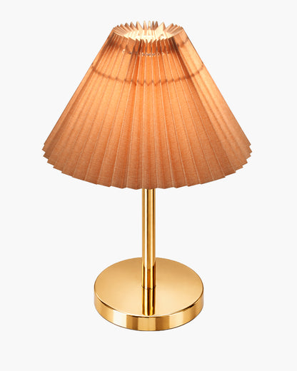 Luxe Flat Gold Table Lamp with Linen Fabric Drum Shade, Modern Decorative Bedside Lamp for Bedroom & Study Table, Living Room & Side Table, Pleated Shade