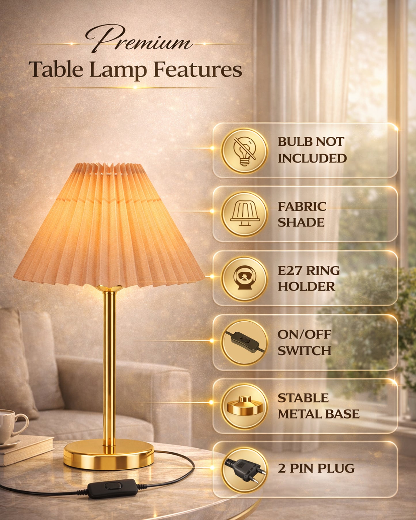 Luxe Flat Gold Table Lamp with Linen Fabric Drum Shade, Modern Decorative Bedside Lamp for Bedroom & Study Table, Living Room & Side Table, Pleated Shade