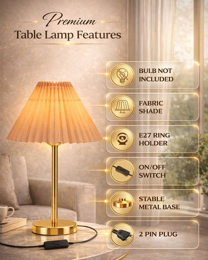 Luxe Flat Gold Table Lamp with Linen Fabric Drum Shade, Modern Decorative Bedside Lamp for Bedroom & Study Table, Living Room & Side Table, Pleated Shade