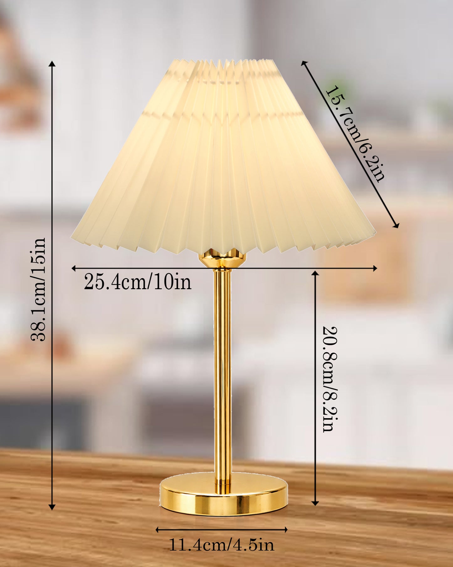 Luxe Flat Gold Table Lamp with Linen Fabric Drum Shade, Modern Decorative Bedside Lamp for Bedroom & Study Table, Living Room & Side Table, Pleated Shade