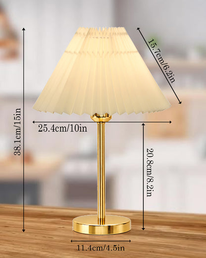 Luxe Flat Gold Table Lamp with Linen Fabric Drum Shade, Modern Decorative Bedside Lamp for Bedroom & Study Table, Living Room & Side Table, Pleated Shade