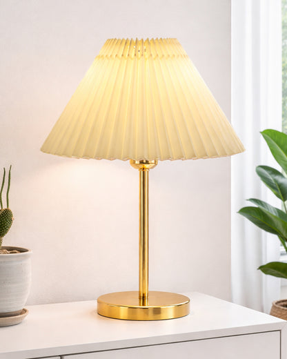 Luxe Flat Gold Table Lamp with Linen Fabric Drum Shade, Modern Decorative Bedside Lamp for Bedroom & Study Table, Living Room & Side Table, Pleated Shade
