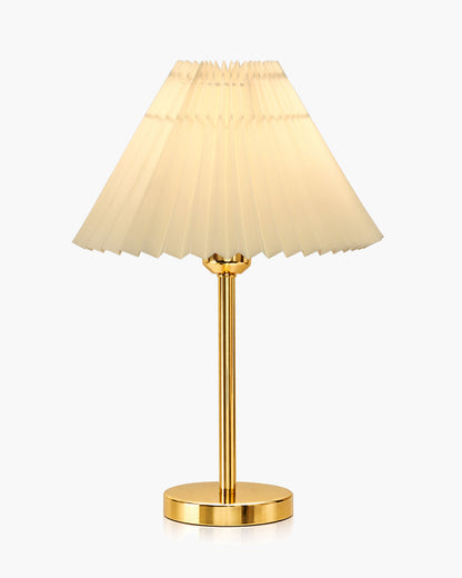 Luxe Flat Gold Table Lamp with Linen Fabric Drum Shade, Modern Decorative Bedside Lamp for Bedroom & Study Table, Living Room & Side Table, Pleated Shade