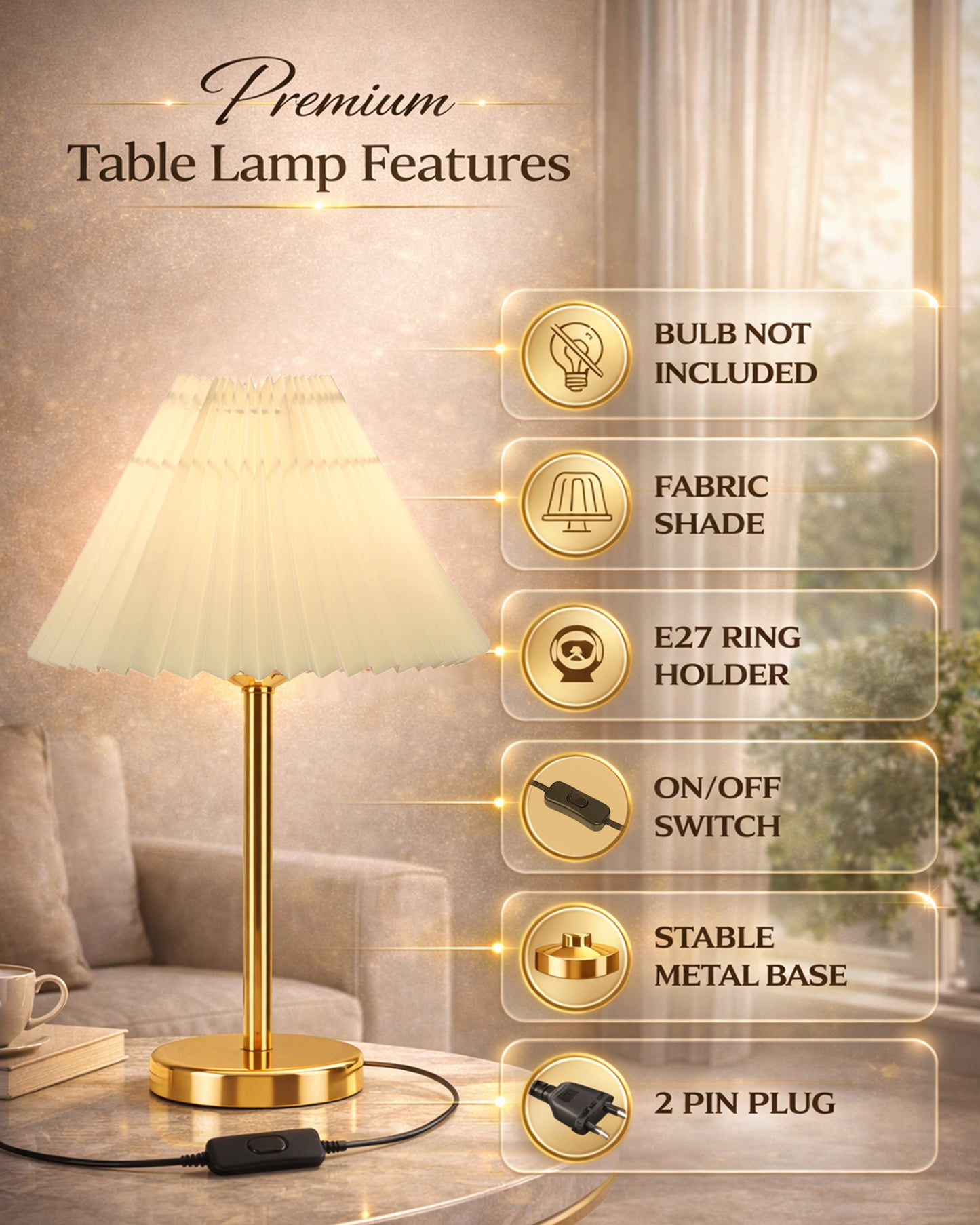 Luxe Flat Gold Table Lamp with Linen Fabric Drum Shade, Modern Decorative Bedside Lamp for Bedroom & Study Table, Living Room & Side Table, Pleated Shade