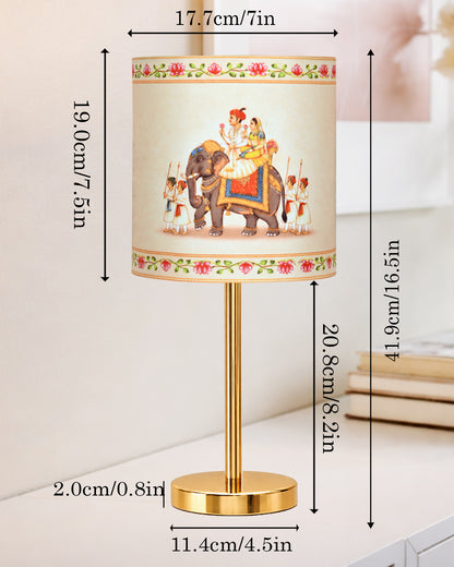 Luxe Flat Gold Table Lamp with Linen Fabric Drum Shade, Modern Decorative Bedside Lamp for Bedroom & Study Table, Living Room & Side Table, Cylinde Shade