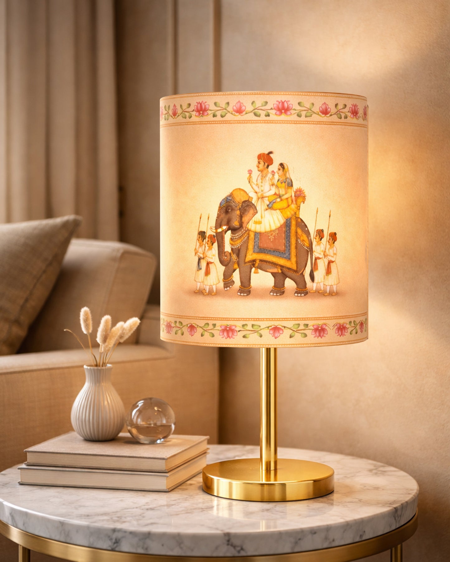 Luxe Flat Gold Table Lamp with Linen Fabric Drum Shade, Modern Decorative Bedside Lamp for Bedroom & Study Table, Living Room & Side Table, Cylinde Shade