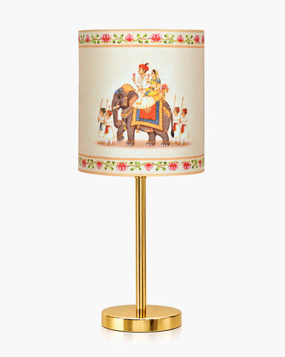 Luxe Flat Gold Table Lamp with Linen Fabric Drum Shade, Modern Decorative Bedside Lamp for Bedroom & Study Table, Living Room & Side Table, Cylinde Shade