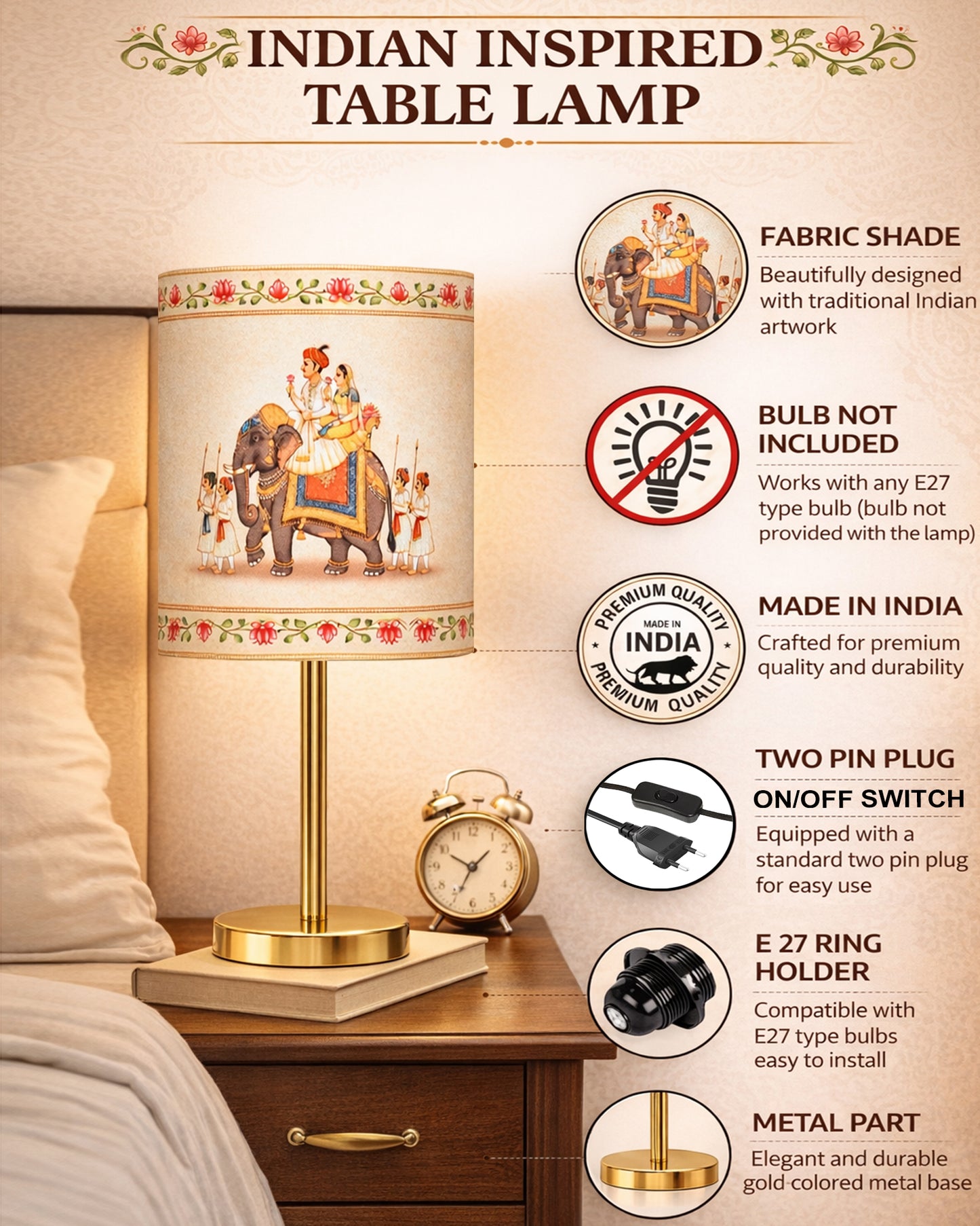 Luxe Flat Gold Table Lamp with Linen Fabric Drum Shade, Modern Decorative Bedside Lamp for Bedroom & Study Table, Living Room & Side Table, Cylinde Shade