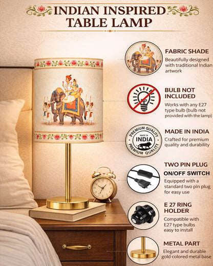 Luxe Flat Gold Table Lamp with Linen Fabric Drum Shade, Modern Decorative Bedside Lamp for Bedroom & Study Table, Living Room & Side Table, Cylinde Shade