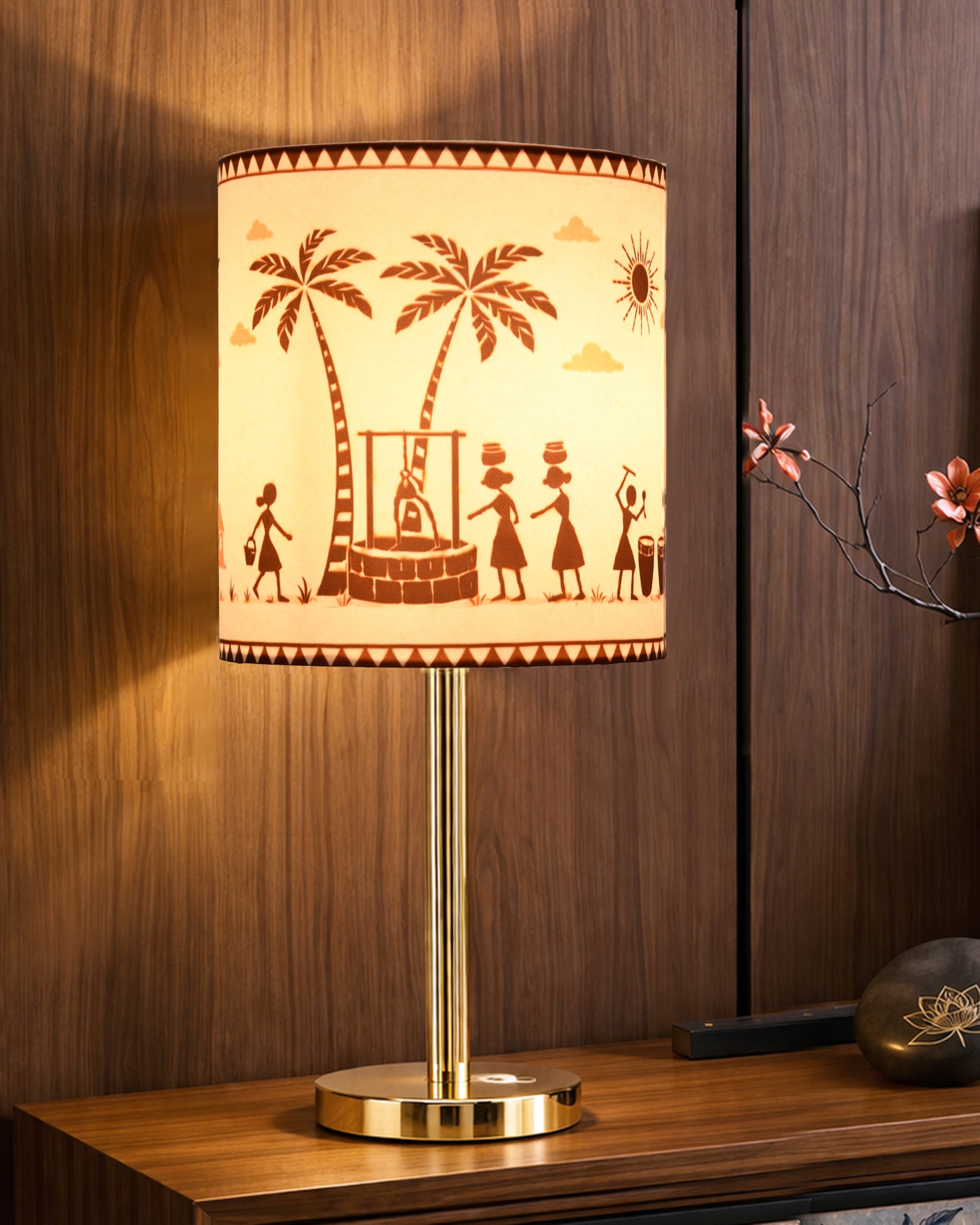 Luxe Flat Gold Table Lamp with Linen Fabric Drum Shade, Modern Decorative Bedside Lamp for Bedroom & Study Table, Living Room & Side Table, Cylinde Shade