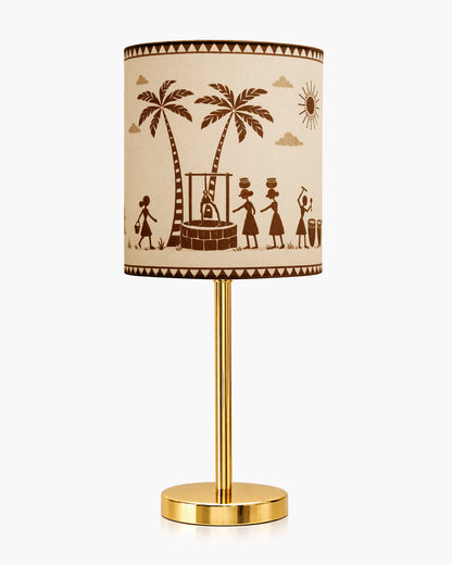 Luxe Flat Gold Table Lamp with Linen Fabric Drum Shade, Modern Decorative Bedside Lamp for Bedroom & Study Table, Living Room & Side Table, Cylinde Shade