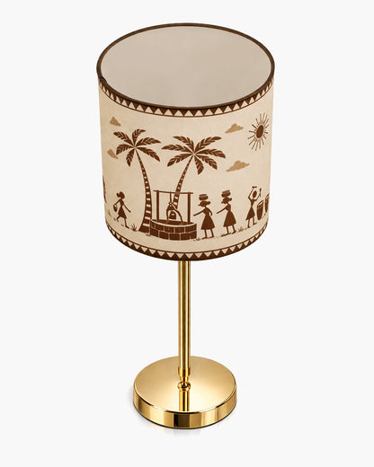 Luxe Flat Gold Table Lamp with Linen Fabric Drum Shade, Modern Decorative Bedside Lamp for Bedroom & Study Table, Living Room & Side Table, Cylinde Shade