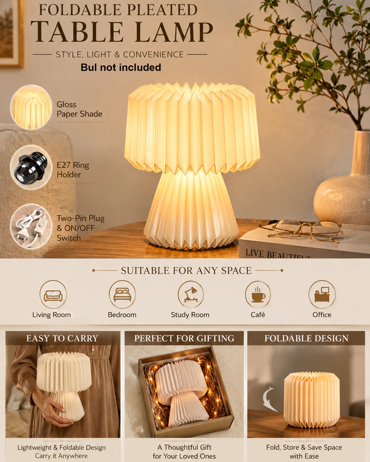 Homesake® Modern Origami LED Table Lamp | Foldable Bedside Night Lamp with Warm White Light | Minimalist Japanese Desk Lamp for Bedroom, Living Room, Office & Home Décor