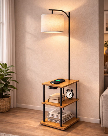 Modern Floor Lamp with Wooden Shelves & Charging Station | Bedside Lamp with USB Port, Power Outlet & Fabric Shade | Space-Saving Side Table Lamp for Living Room & Bedroom | Walnut Finish, Warm Ambient Lighting