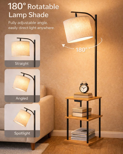 Modern Floor Lamp with Wooden Shelves & Charging Station | Bedside Lamp with USB Port, Power Outlet & Fabric Shade | Space-Saving Side Table Lamp for Living Room & Bedroom | Walnut Finish, Warm Ambient Lighting