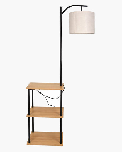 Modern Floor Lamp with Wooden Shelves & Charging Station | Bedside Lamp with USB Port, Power Outlet & Fabric Shade | Space-Saving Side Table Lamp for Living Room & Bedroom | Walnut Finish, Warm Ambient Lighting