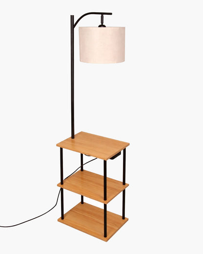 Modern Floor Lamp with Wooden Shelves & Charging Station | Bedside Lamp with USB Port, Power Outlet & Fabric Shade | Space-Saving Side Table Lamp for Living Room & Bedroom | Walnut Finish, Warm Ambient Lighting