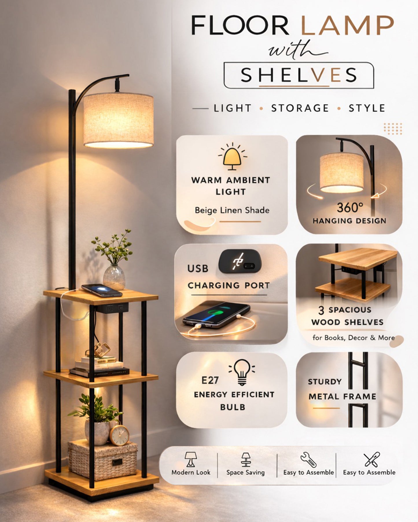 Modern Floor Lamp with Wooden Shelves & Charging Station | Bedside Lamp with USB Port, Power Outlet & Fabric Shade | Space-Saving Side Table Lamp for Living Room & Bedroom | Walnut Finish, Warm Ambient Lighting